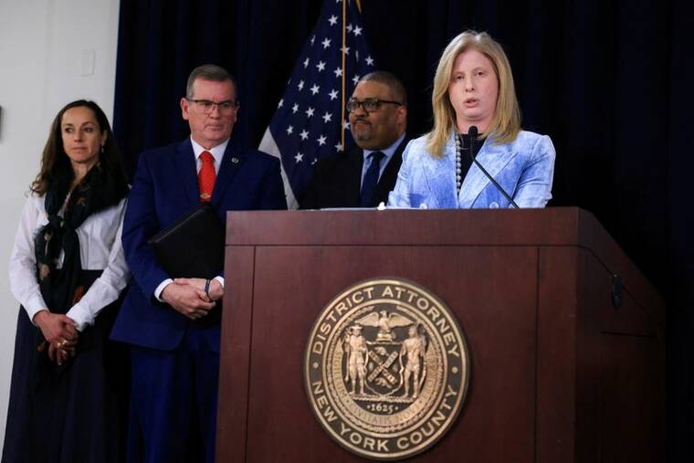 KENT J. EDWARDS / REUTERS
                                NYPD Commissioner Jessica S. Tisch speaks during a news conference today when she announces that Luigi Mangione was indicted for murder in the shooting death of UnitedHealth Group executive Brian Thompson, in New York City.