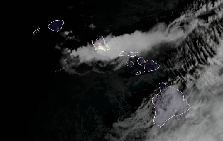 COURTESY NOAA
                                A satellite image this morning shows areas of moisture over the Hawaiian islands.