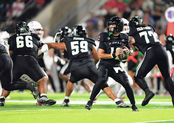 STEVEN ERLER / SPECIAL TO THE STAR-ADVERTISER
                                Hawaii Warriors quarterback Micah Alejado (12) scans downfield for a receiver during the first quarter of an NCAA football game against New Mexico at Clarence T. C. Ching Field on Saturday in Honolulu.