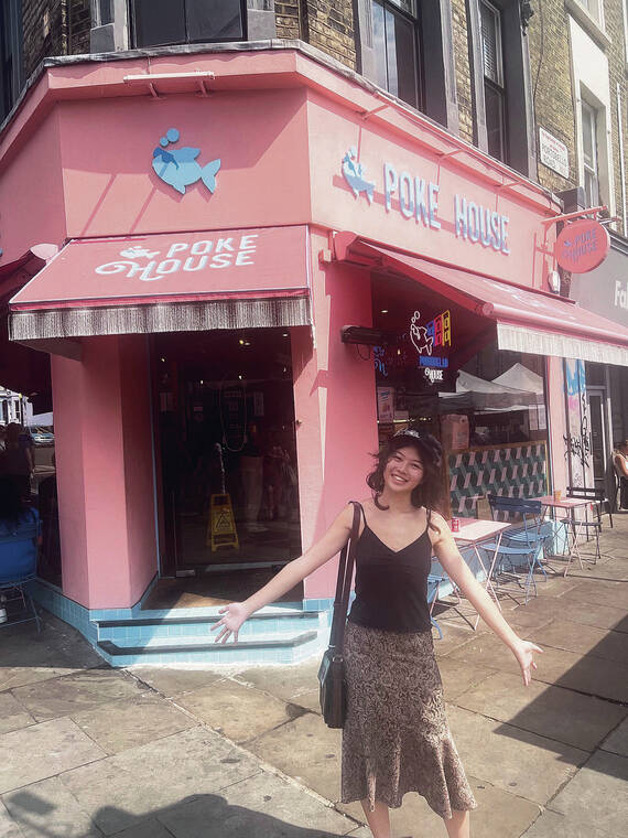 Hawaii Kai resident Rachel Fukumoto captured a shot of her daughter Ariana Fukumoto in London, England, where they found a pink Poke House. "Our family traveled to London and Paris to celebrate Ari's Punahou graduation," Rachel Fukumoto said.